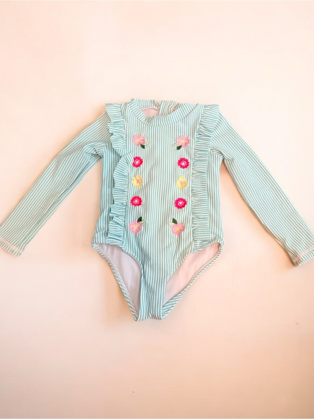 Girls' Long Sleeve Floral Embroidered One-Piece Swimsuit - Aqua Blue Stripe